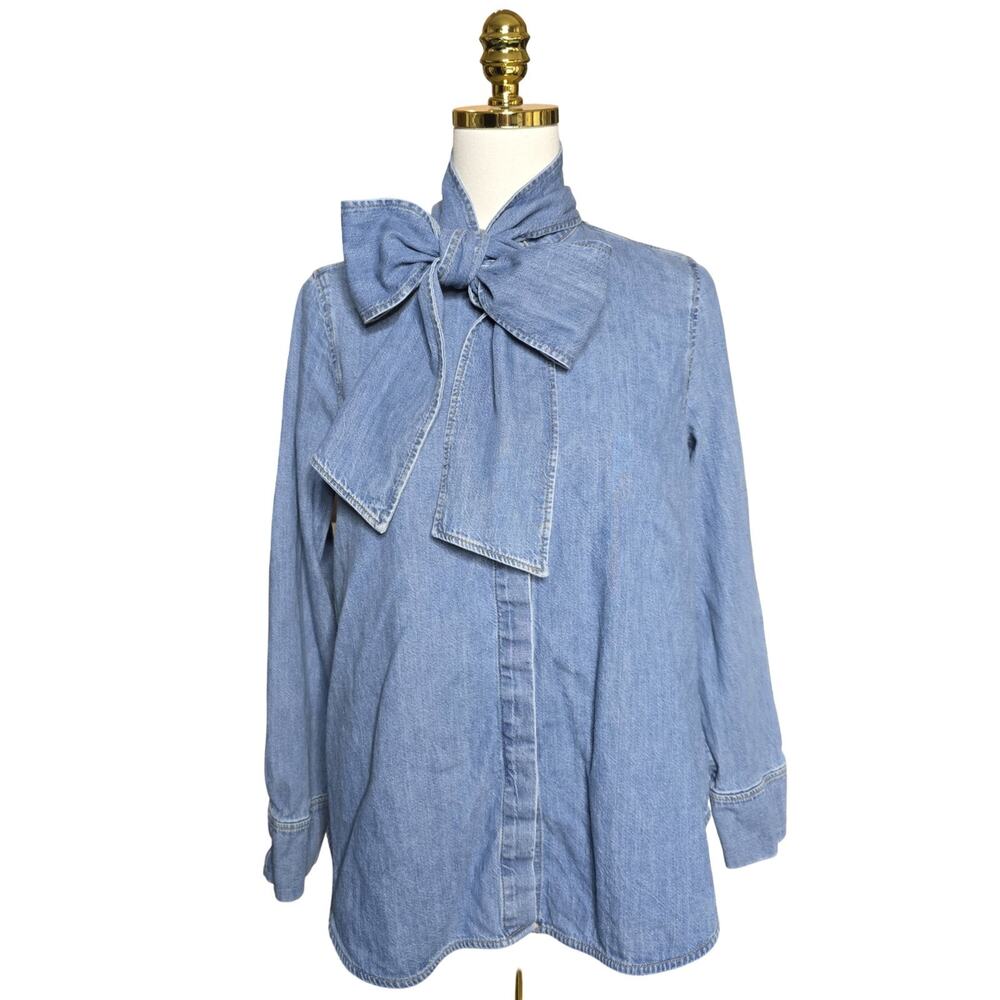 COS Denim Shirt Womens 4 Blue Chambray Bow Tie Neck Button Front Top Long Sleeve